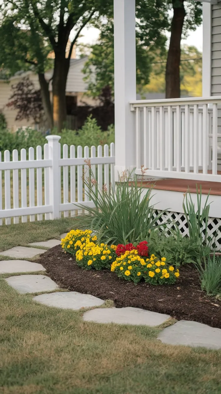 Cozy Front Yard Oasis with Stone Path and Picket Fence