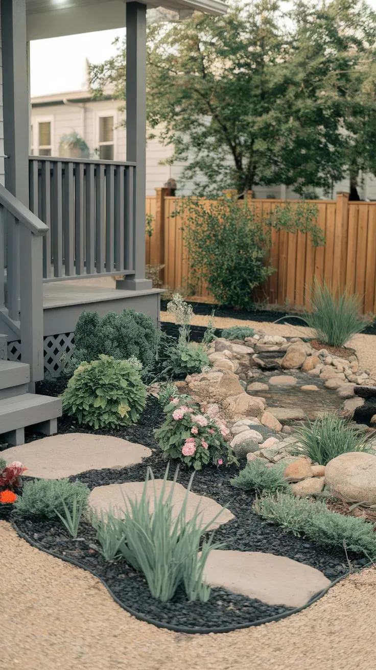 Cozy Front Yard Retreat with Garden and Water Feature