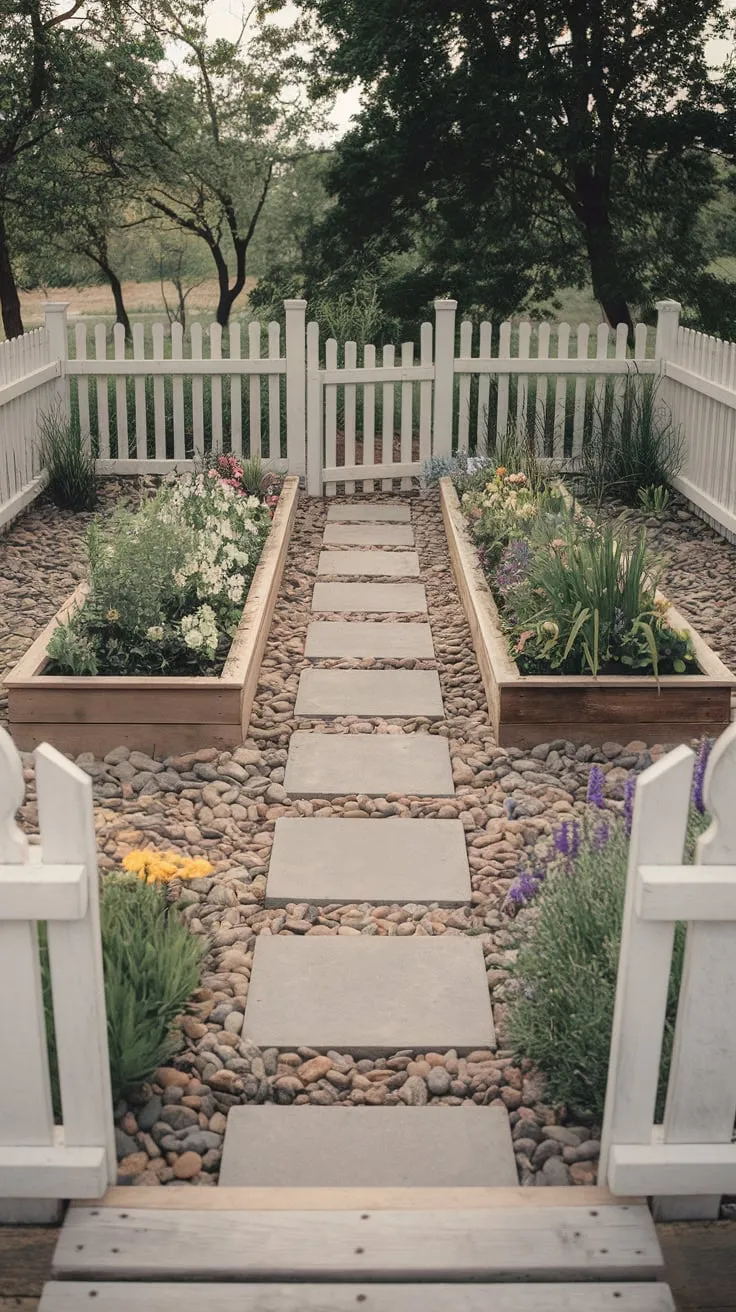 Rustic Front Yard Oasis with Pebble Pathway and Picket Fence