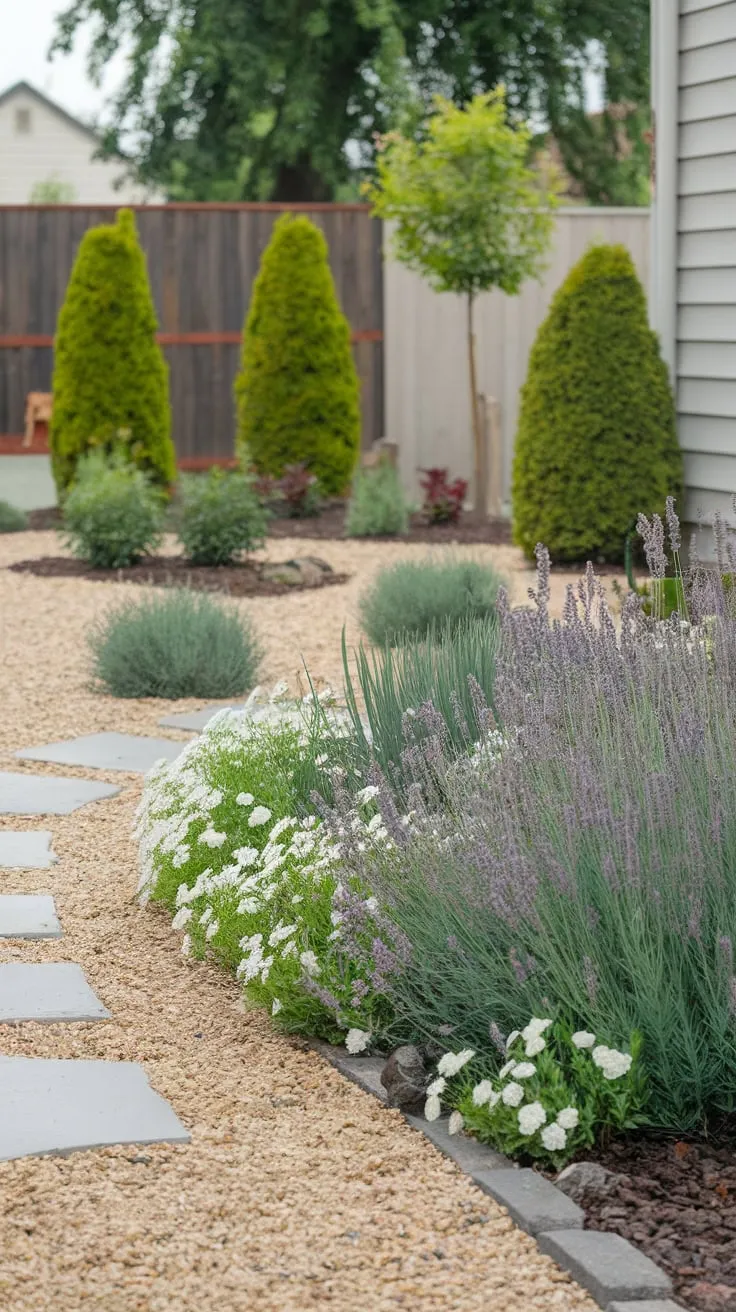 Effortless Front Yard Bliss with Lavender and Gravel Path