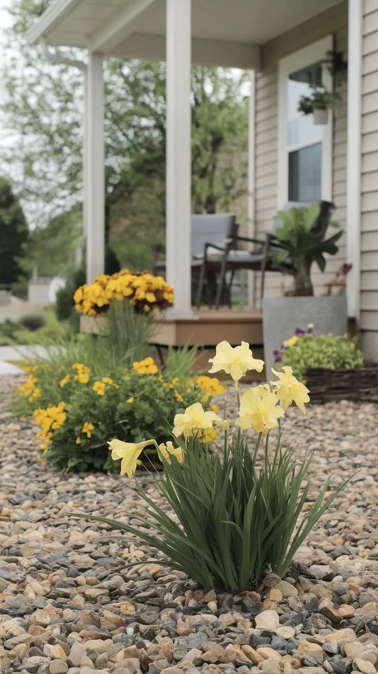 Bright Yellow Blooms Enhance Cozy Front Yard