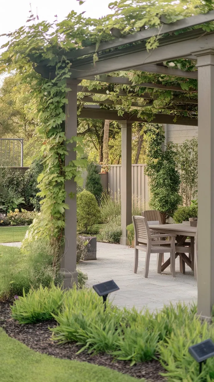 Imagine relaxing evenings on this inviting porch patio, surrounded by the enchanting beauty of a blooming pergola. This backyard boasts stunning backyard ideas, from the thoughtful placement of solar lights in the garden to the lush greenery creating a peaceful ambiance.  Find inspiration for your own backyard renovations, large courtyard ideas, or even decks with pergola ideas. This space perfectly blends comfort and style, offering a wealth of front yard sitting area ideas.