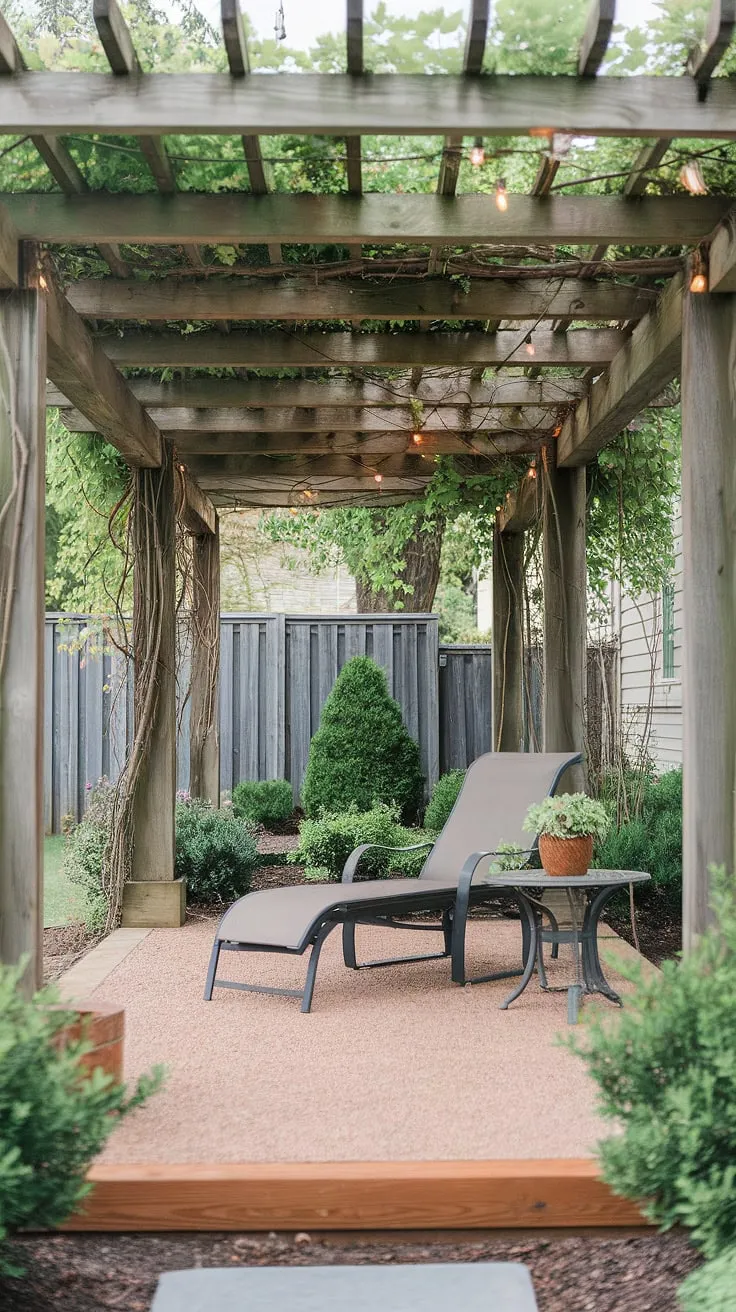 Transform your outdoor space with this stunning porch patio featuring a beautiful pergola draped in lush vines.  This front yard sitting area provides the ultimate backyard inspiration, perfect for those seeking backyard ideas and backyard renovations.  Note the charming use of solar lights in the garden and consider this design for your own decks with pergola ideas or large courtyard ideas.