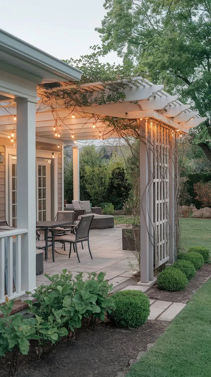 Backyard inspiration at its finest! This stunning space showcases the magic of backyard renovations, transforming a simple porch patio into an inviting retreat.  The beautiful pergola, adorned with climbing vines and twinkling solar lights in the garden, creates a magical ambiance.  Get inspired for your own backyard ideas, from decks with pergola ideas to front yard sitting area ideas, and even large courtyard ideas.