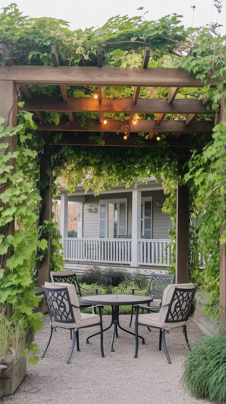 Backyard ideas don't get much better than this.  Imagine unwinding on this patio, shaded by a beautiful pergola and surrounded by the tranquil beauty of your own backyard.  The solar lights in the garden add a touch of magic, while the gravel pathway complements the overall design. This front yard sitting area offers a wealth of backyard inspiration, perfect for those considering backyard renovations or exploring large courtyard ideas and decks with pergola ideas.