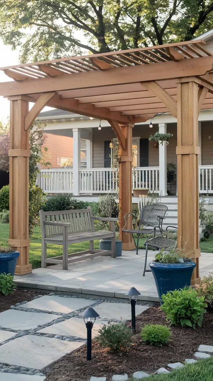 Imagine relaxing evenings spent under this beautiful pergola, the gentle light of solar lights in the garden illuminating your front yard sitting area.  This design blends seamlessly with the house porch and offers endless backyard ideas and backyard inspiration for your next patio or backyard renovations.  Perfect for those seeking front yard sitting area ideas or large courtyard ideas, even decks with pergola ideas.