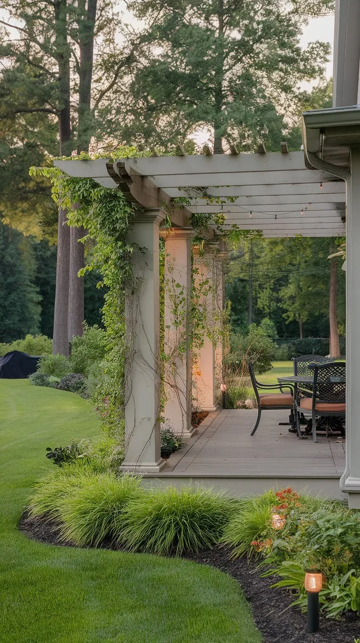 Escape to your own private oasis. This serene backyard, featuring a beautiful pergola shading a cozy porch patio, offers endless backyard inspiration.  From backyard renovations to large courtyard ideas, this space showcases the perfect blend of comfort and style, complete with solar lights in the garden adding a warm, inviting glow.  Consider this your guide for decks with pergola ideas and even front yard sitting area ideas.