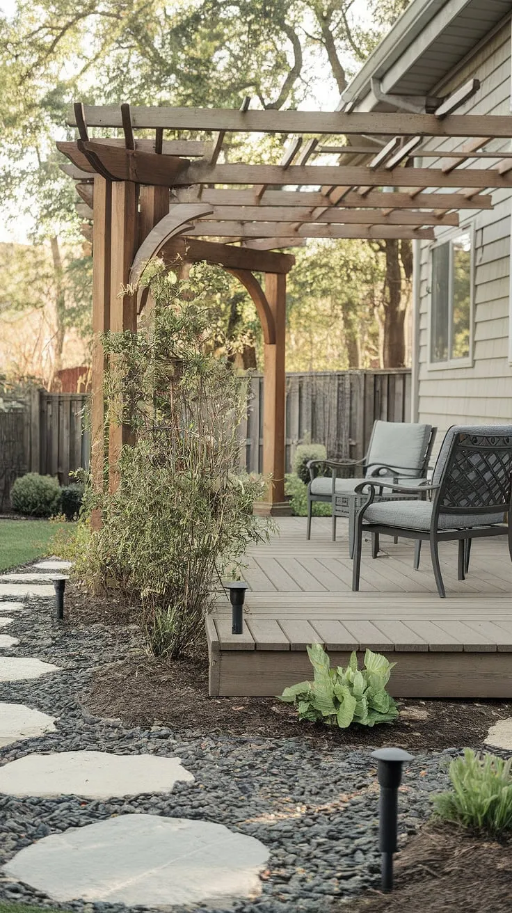 Escape to your own private oasis with this inviting porch patio.  Backyard ideas don't get much better than this combination of a beautiful pergola, comfortable seating, and the warm glow of solar lights in the garden. Perfect for backyard inspiration, this space offers front yard sitting area ideas as well, proving that backyard renovations can transform any space. Consider this design for large courtyard ideas or decks with pergola ideas.