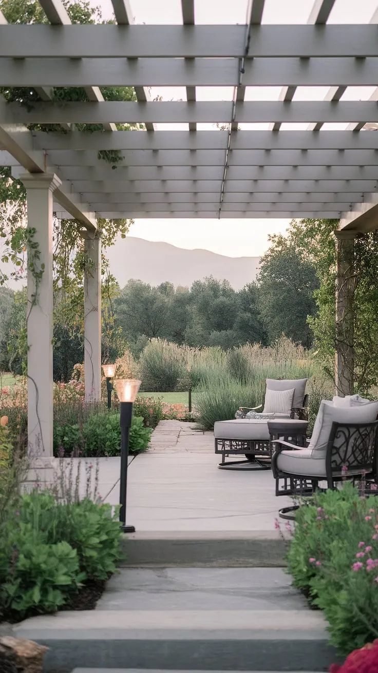Imagine relaxing evenings on this inviting porch patio, bathed in the soft glow of solar lights in the garden.  The beautiful pergola provides shade and elegance, while the lush greenery and stunning mountain backdrop create a truly serene atmosphere.  Draw inspiration for your own backyard renovations, from backyard ideas to large courtyard ideas and decks with pergola ideas; this space is brimming with front yard sitting area ideas.