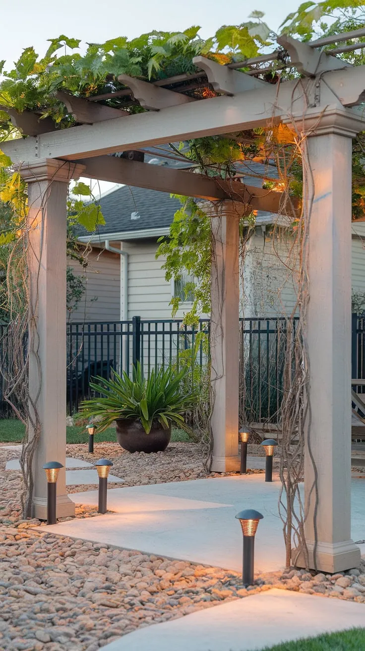 Escape to your own private oasis with this inviting front yard sitting area.  The beautiful pergola, draped in lush vines and illuminated by solar lights in the garden, creates a magical ambiance. Perfect for relaxing evenings, this design offers backyard inspiration and front yard sitting area ideas, showcasing how backyard renovations can transform your space. Consider this for your own large courtyard ideas or decks with pergola ideas.