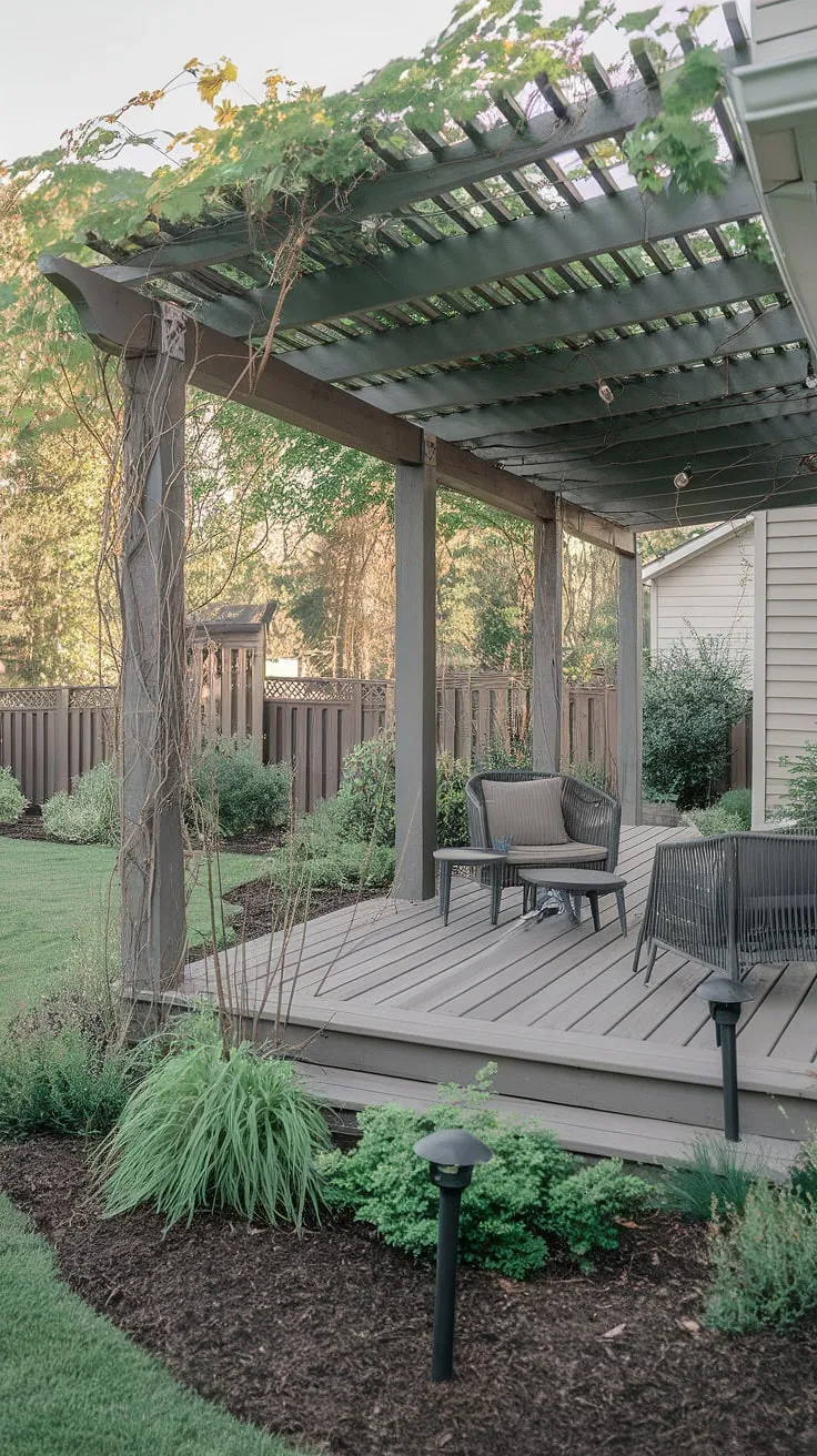 Transform your outdoor space with backyard inspiration like this.  Our porch patio, complete with a beautiful pergola and charming solar lights in the garden, creates the perfect front yard sitting area ideas or backyard ideas.  This design showcases the elegance of decks with pergola ideas and offers a wealth of inspiration for your own backyard renovations, whether you're dreaming of a large courtyard ideas or a cozy retreat.