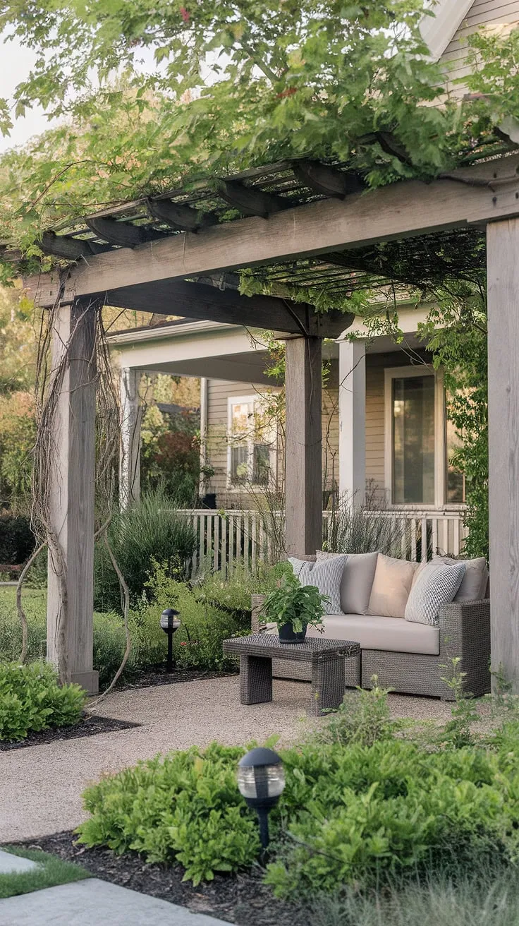 Escape to your own private oasis with this inviting front yard sitting area.  The beautiful pergola, draped in lush vines, creates a shaded sanctuary perfect for relaxation.  This design offers backyard inspiration for those seeking backyard renovations, incorporating clever front yard sitting area ideas and the warm glow of solar lights in the garden.  Consider this when planning your decks with pergola ideas or even large courtyard ideas. The nearby porch adds to the overall charm.