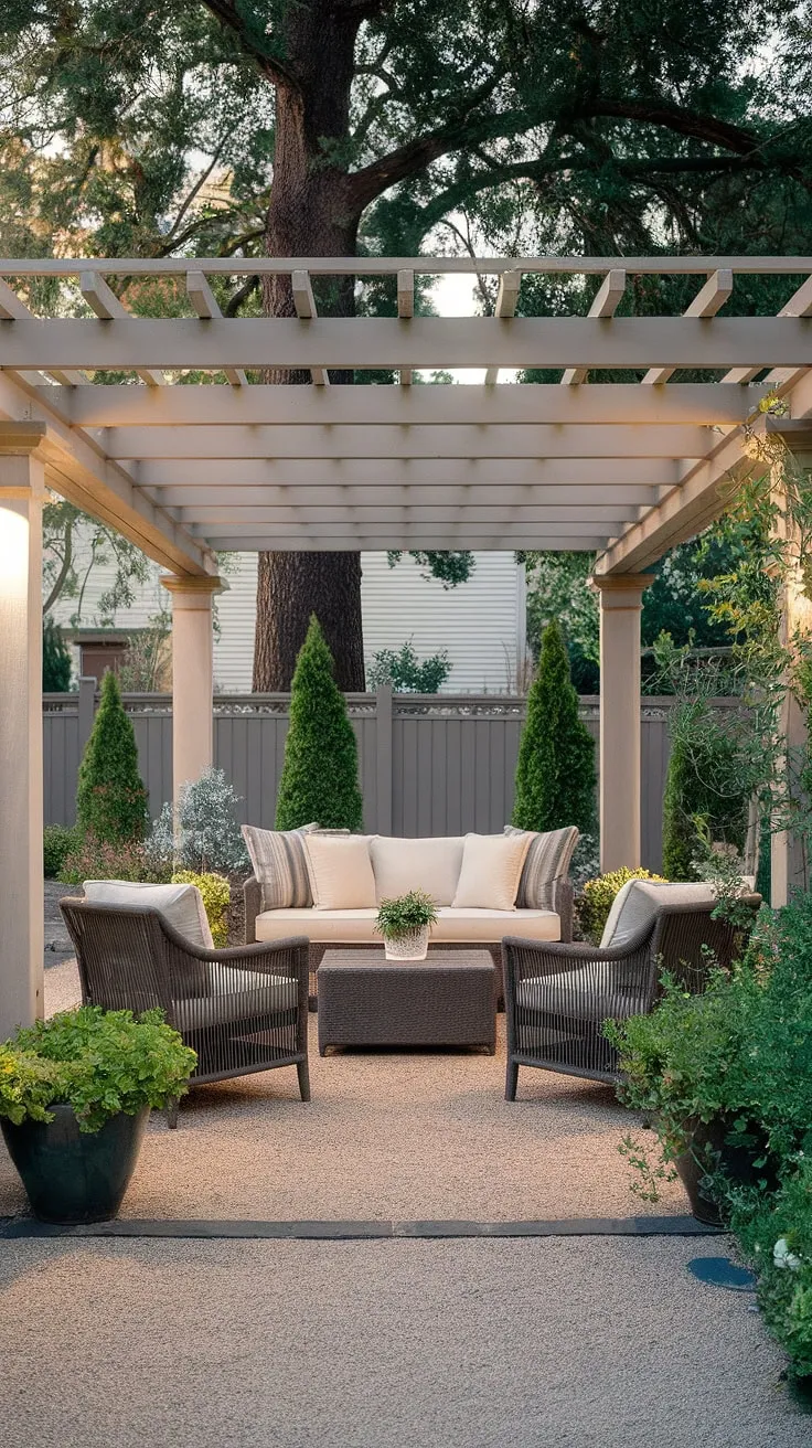 Escape to your own private oasis with this inviting front yard sitting area.  The beautiful pergola, softened by potted plants and the warm glow of solar lights in the garden, creates the perfect setting for relaxation. This design offers inspiration for backyard renovations, backyard ideas, and front yard sitting area ideas, even transforming a large courtyard into a tranquil retreat. Consider this when planning decks with pergola ideas for your own backyard inspiration.