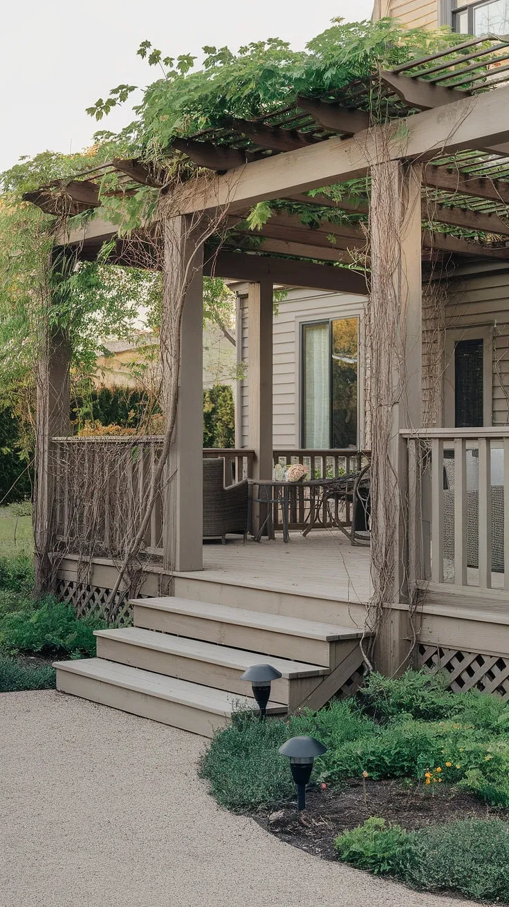 Backyard inspiration at its finest! This tranquil porch patio, complete with a beautiful pergola and charming solar lights in the garden, is the epitome of backyard ideas.  Consider this design for your next backyard renovations – it seamlessly blends decks with pergola ideas for a truly inviting space.  Perfect for those seeking large courtyard ideas or simply front yard sitting area ideas with a touch of elegance.