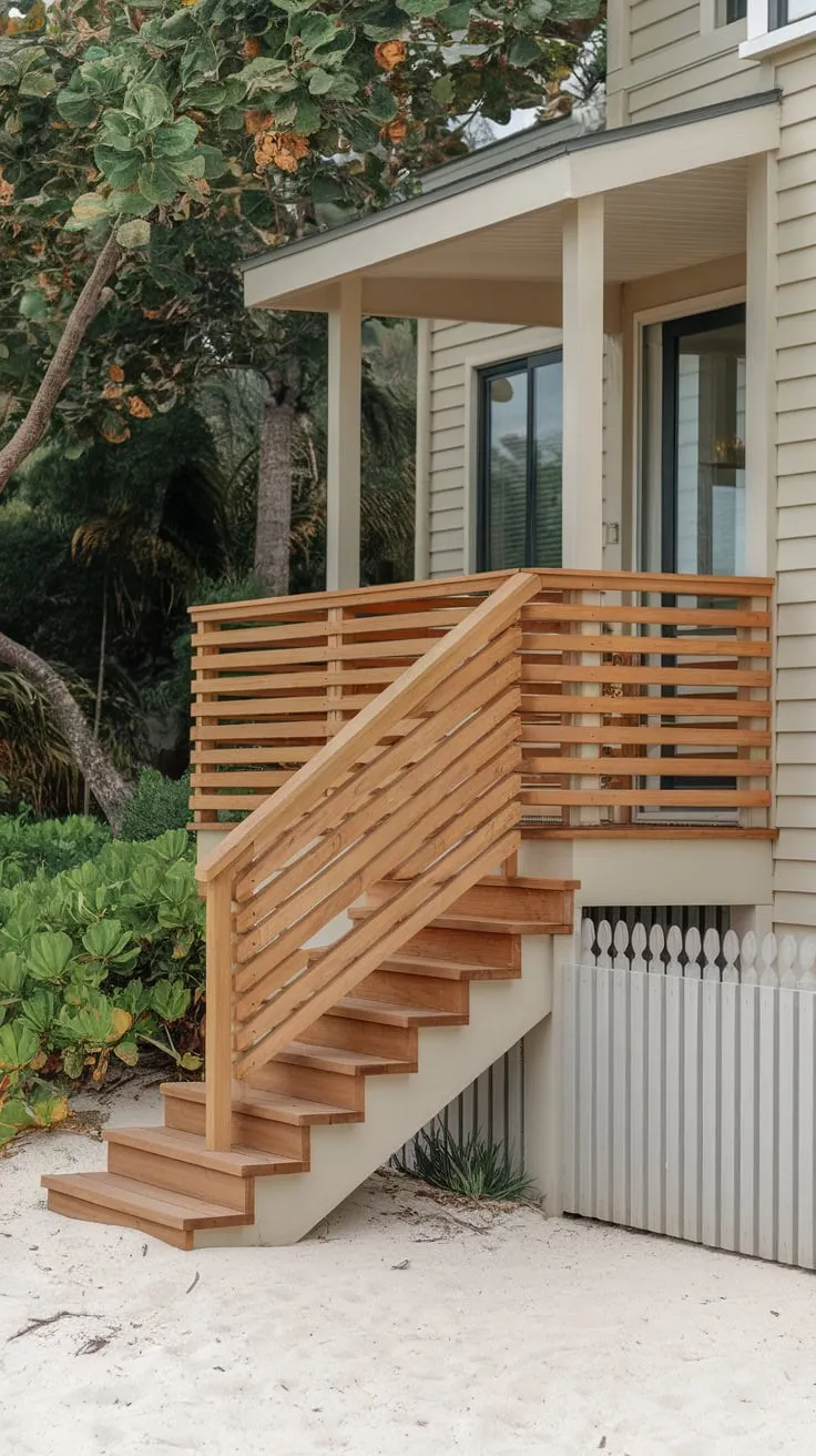 Sandy Beach Steps with Stylish Wooden Railing