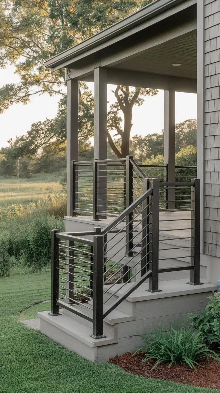 Stylish Porch Railing Blends with Lush Landscape