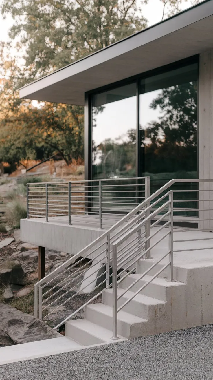 Sleek Steel Railings Elevate Modern Porch Design