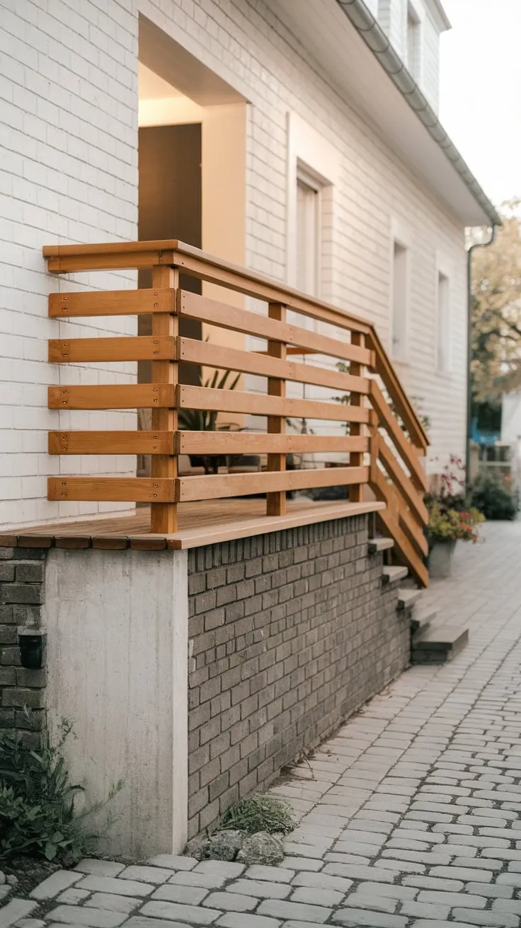 Stylish Wooden Porch Railing Enhances Modern Home Appeal