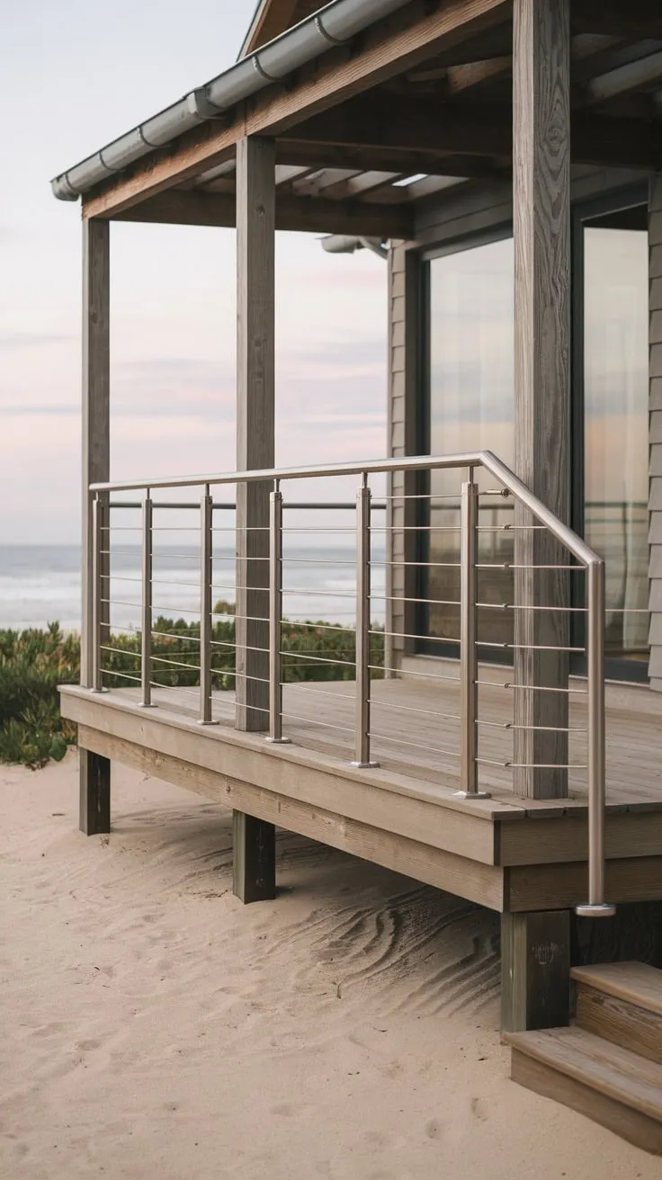 Modern Beach House with Stylish Vertical Bar Railing and Ocean Views