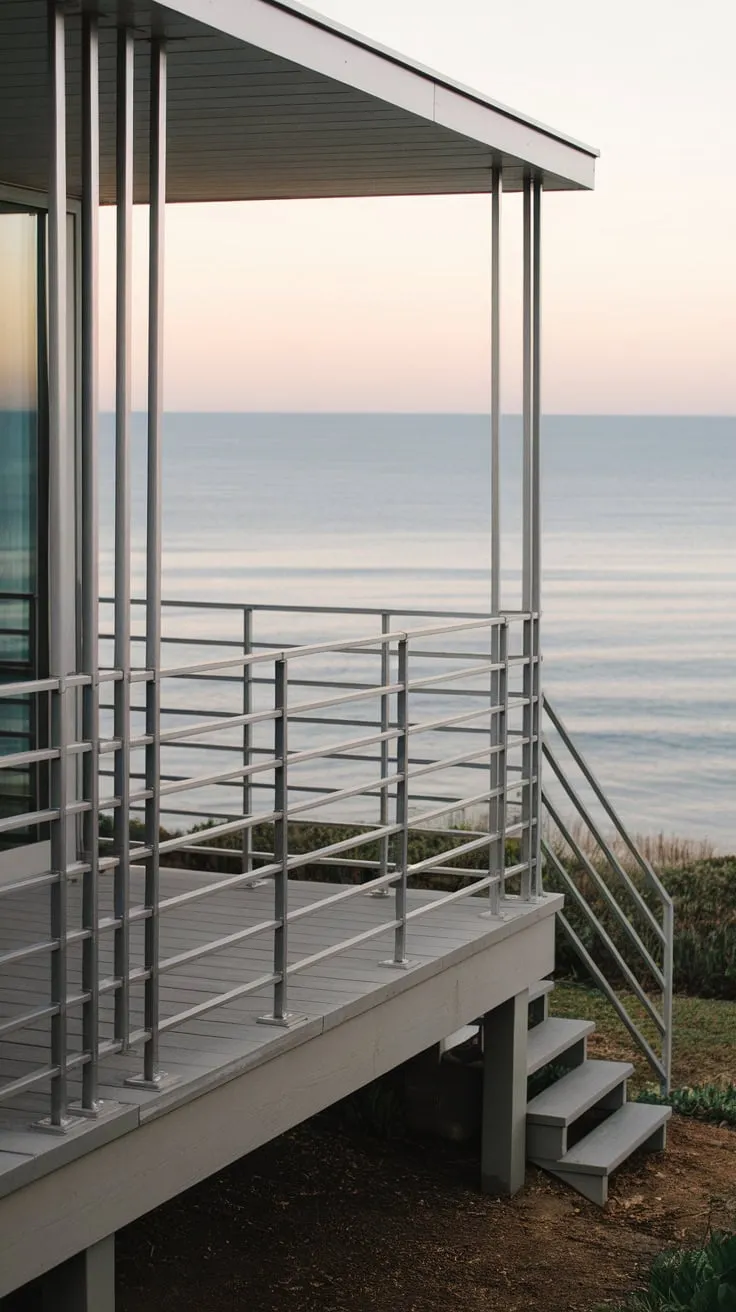 Modern Minimalist Railing Enhances Serene Coastal Home