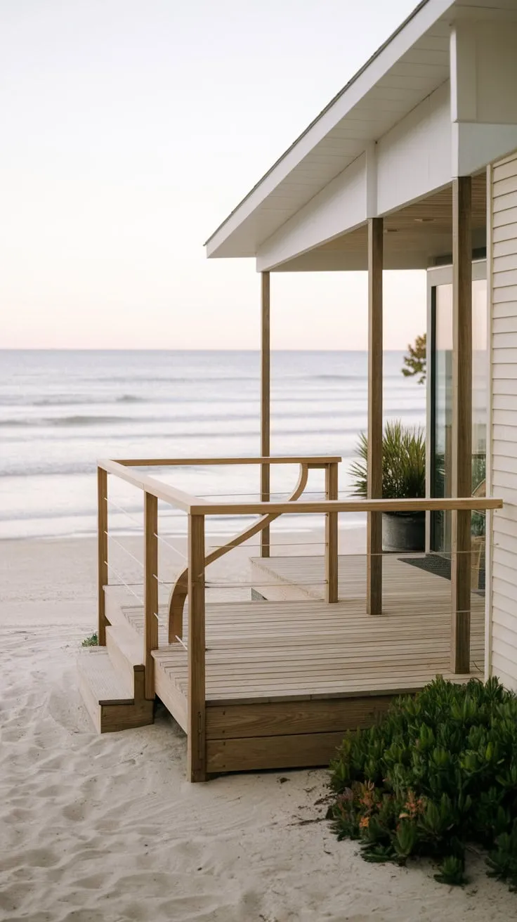 Modern Minimalist Beach Retreat Featuring Elegant Railing Design