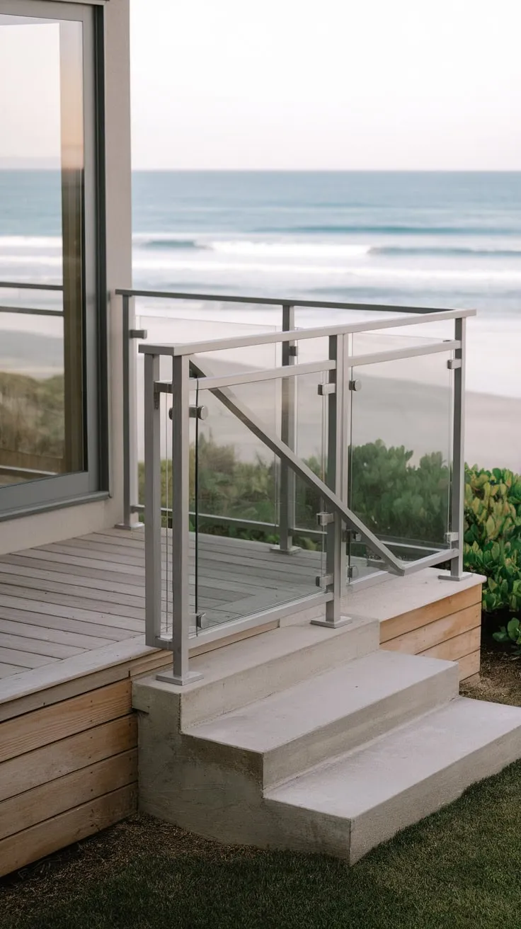 Sleek Glass and Metal Railing by the Beach