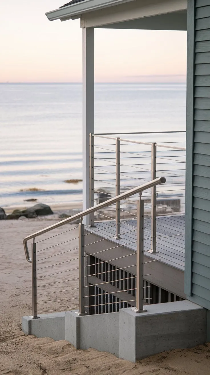 Sleek Stainless Steel Railing Enhances Beach House Charm