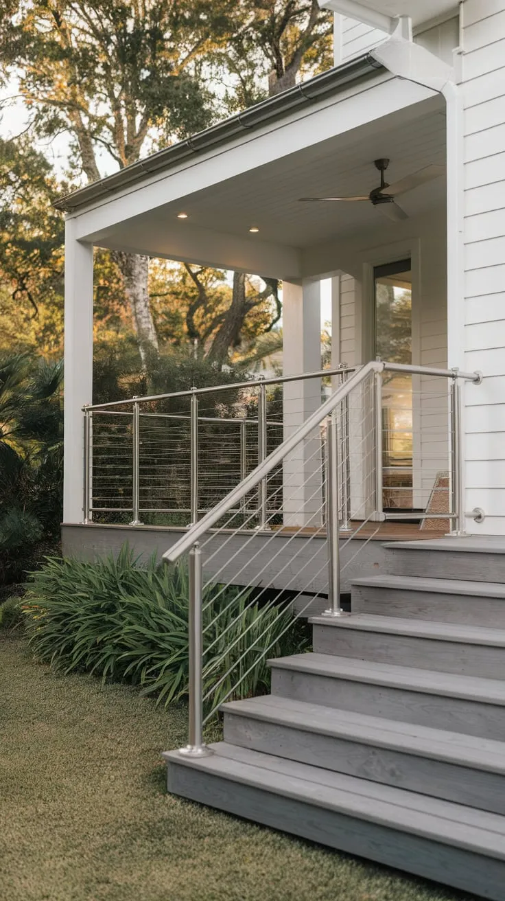 Chic Steel Pipe Railing Enhances Coastal Porch Vibes