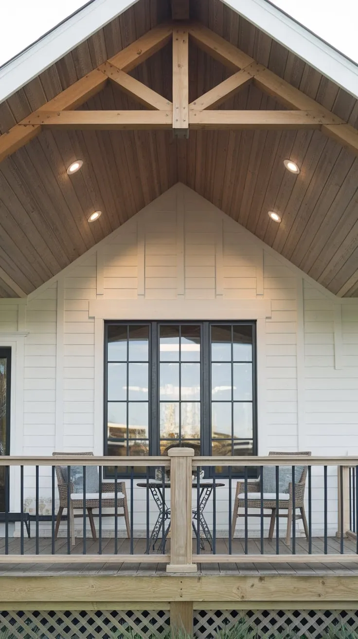 Stylish Porch Retreat with Wooden Ceiling and Cozy Seating