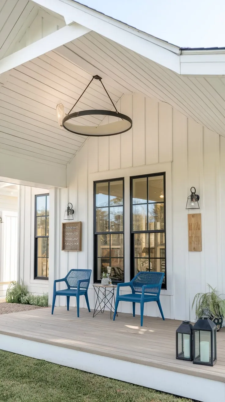 Stylish Porch Roof Featuring Blue Chairs and Elegant Lighting