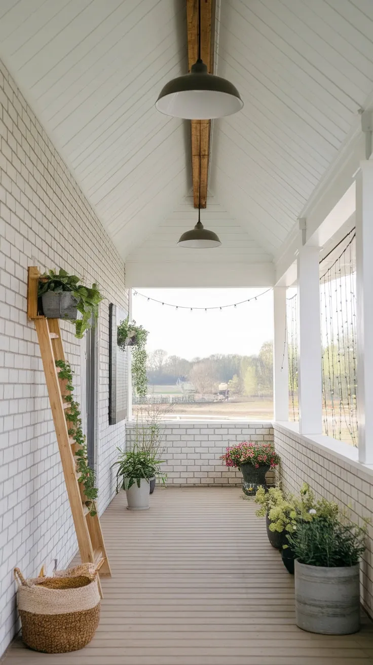 Serene Porch Oasis Featuring Shiplap and Fairy Lights