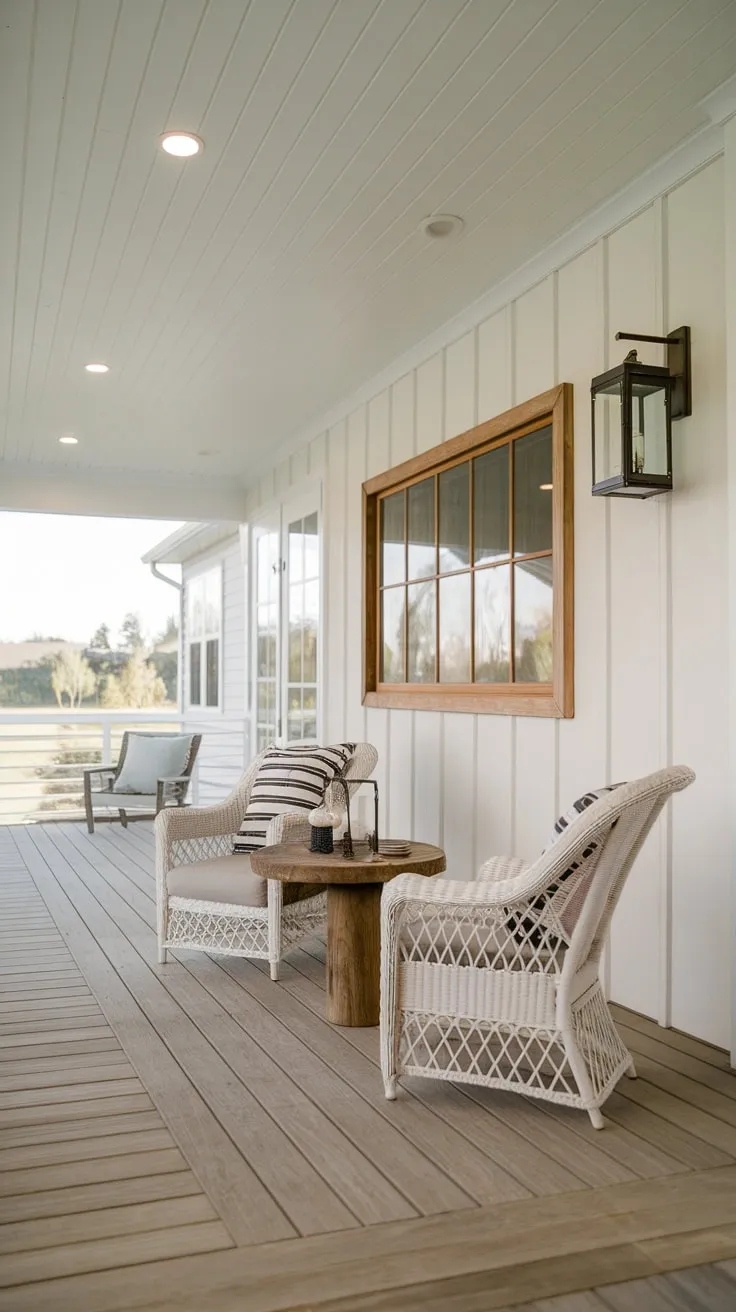 Stylish Porch Roof Featuring Wicker Chairs and Recessed Lighting