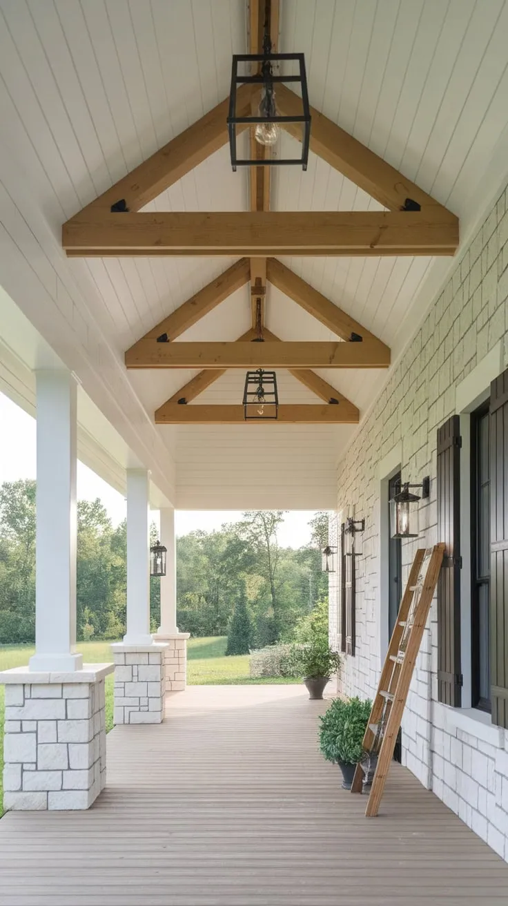 Stylish Porch Roof Showcasing Shiplap and Pendant Lights