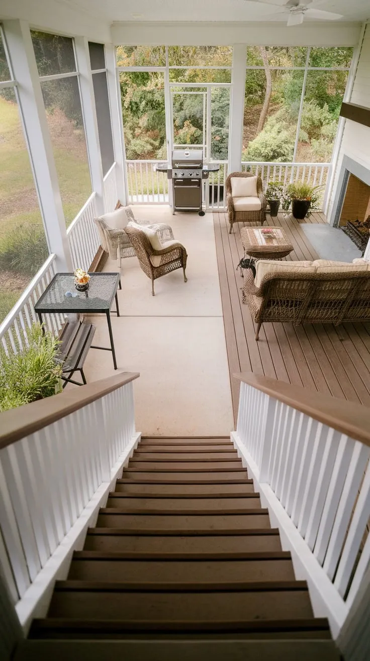 Inviting Steps from a Screened Porch to a Lush Patio Escape