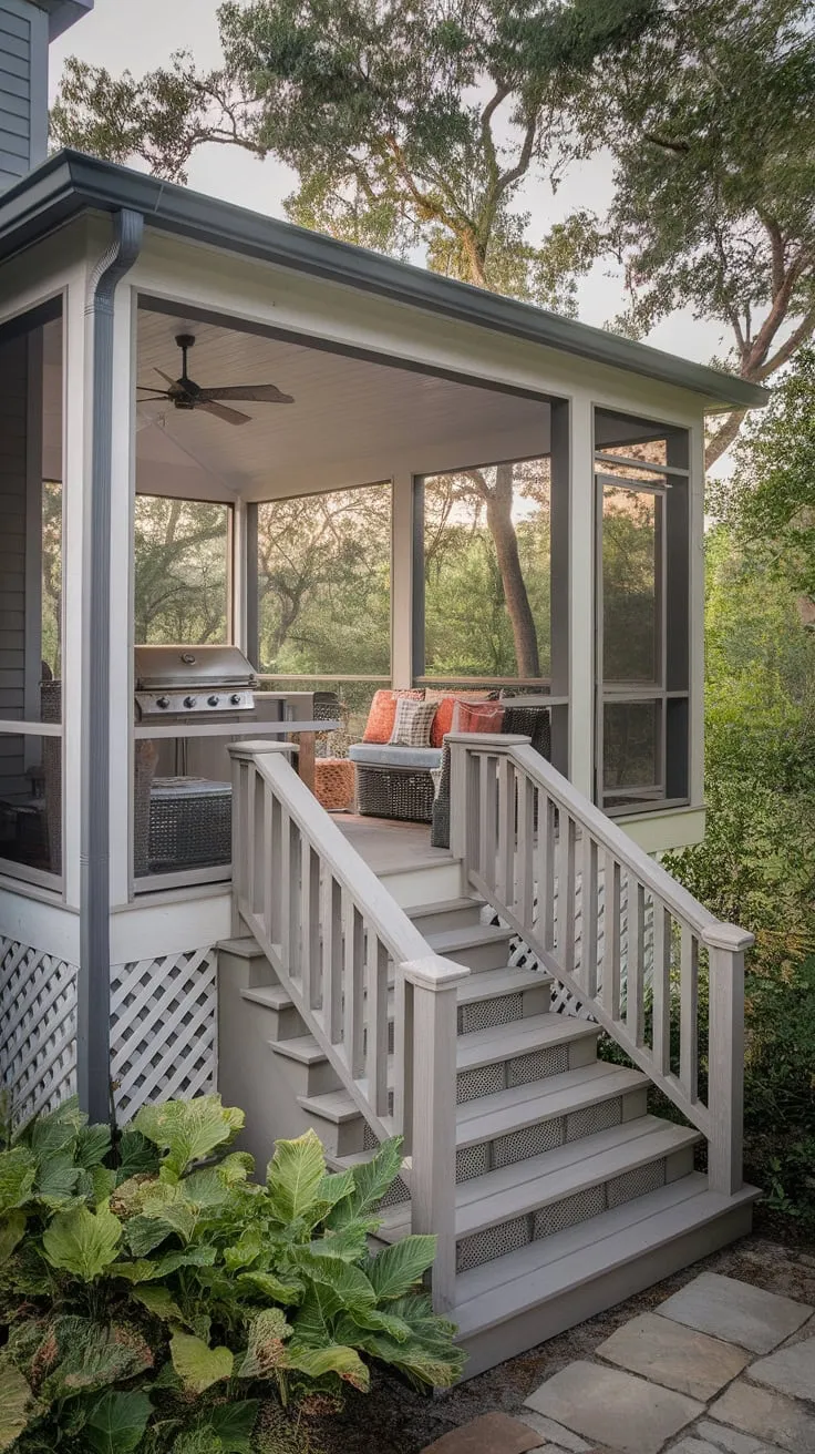 Charming Screened Porch with Stairs and Lush Surroundings