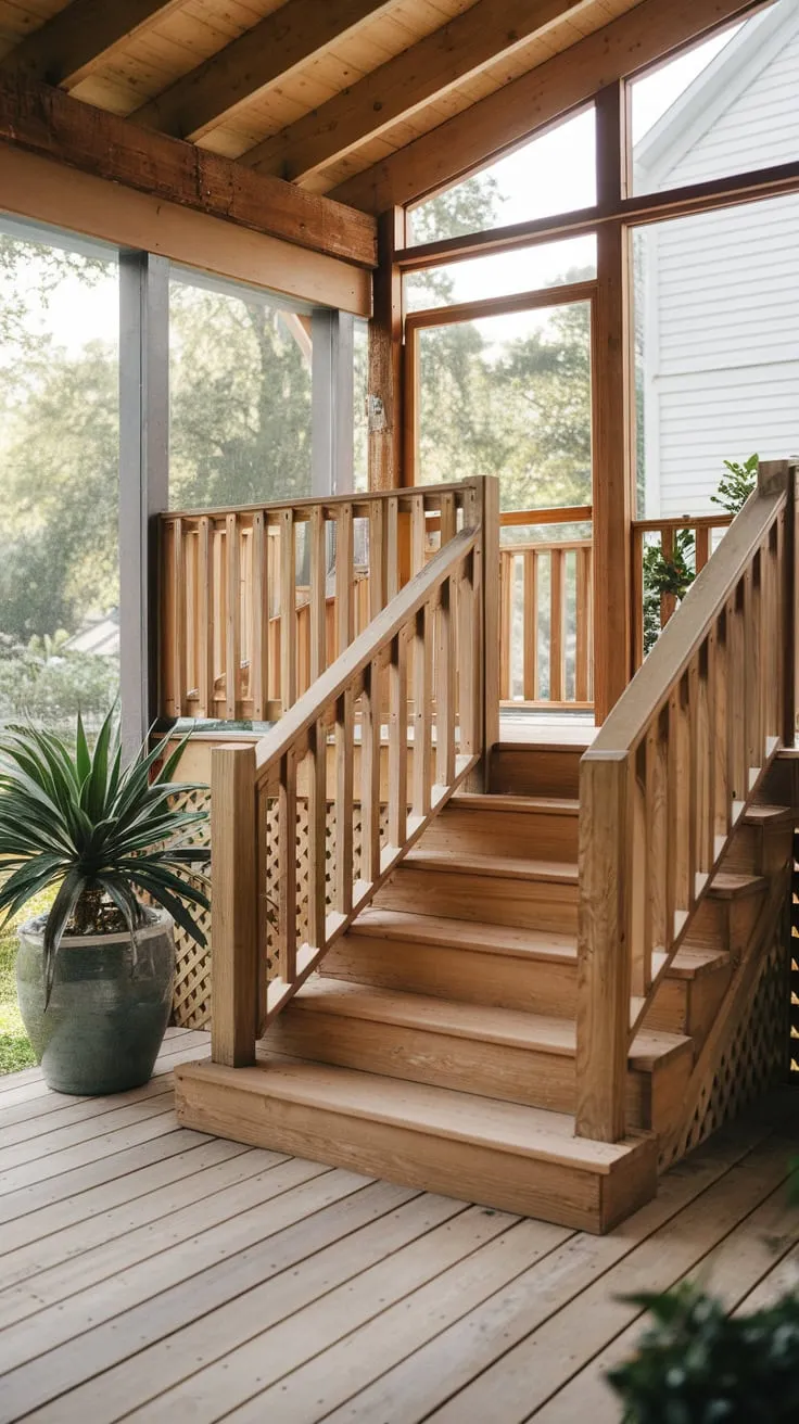 Charming Screened Porch with Wooden Stairs and Lush Greenery