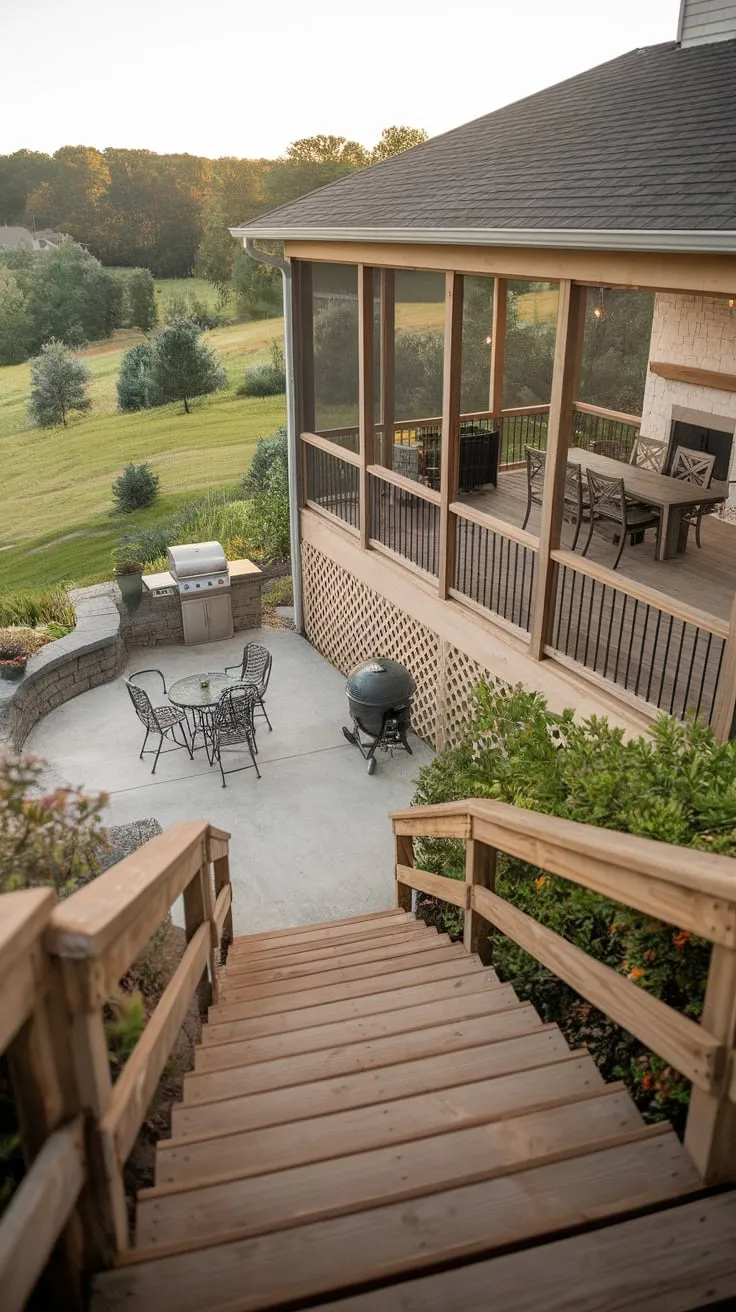 Inviting Wooden Stairs Connect Cozy Porch to Scenic Patio