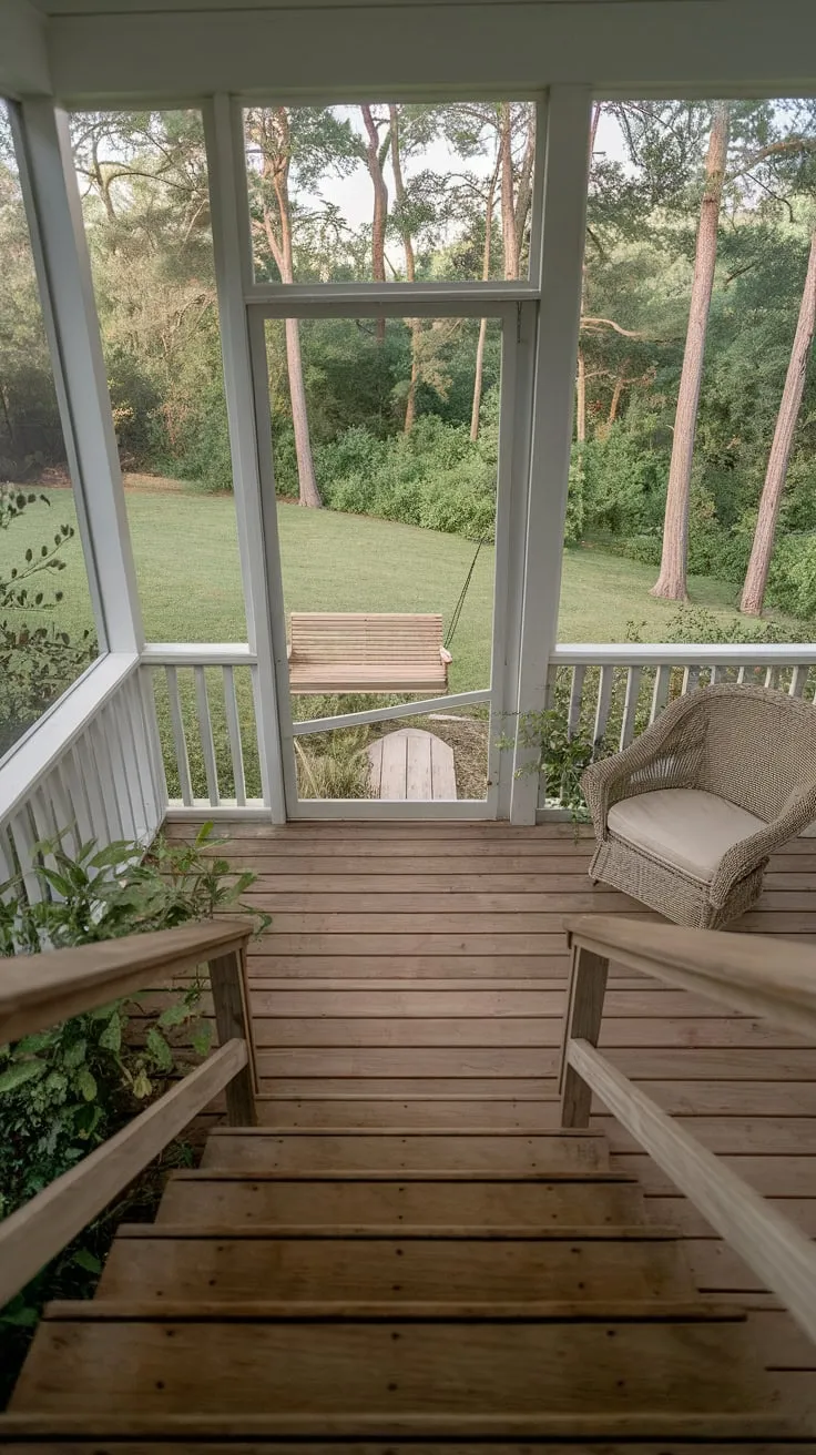 Serene Screened Porch with Inviting Wooden Steps