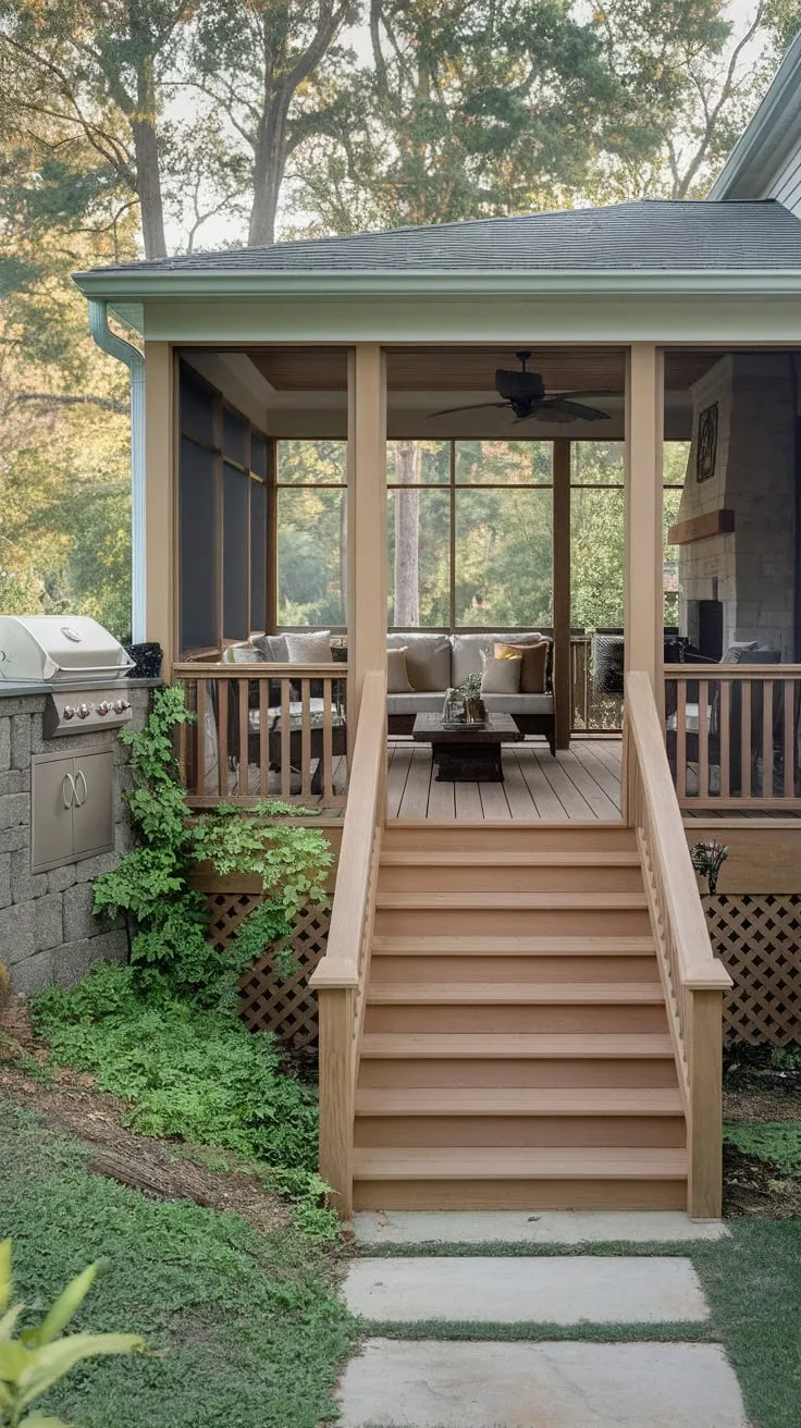 Charming Screened Porch with Stylish Stairs and Cozy Outdoor Living