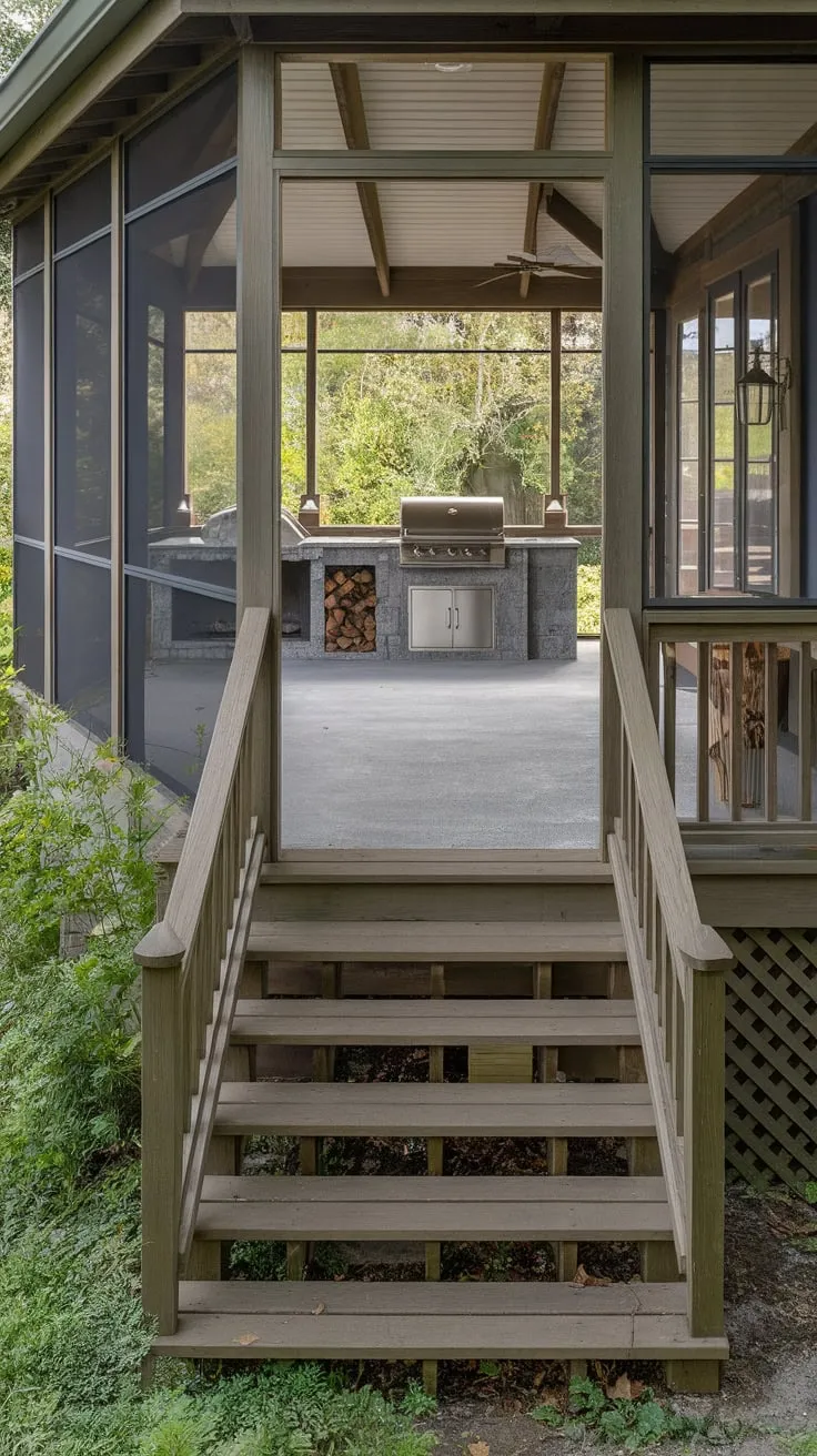 Cozy Green Retreat with Inviting Porch Stairs