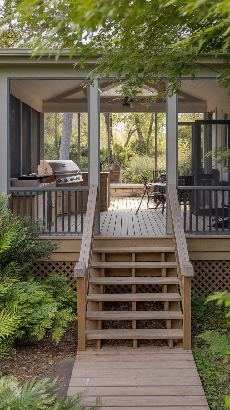 Charming Screened Porch with Inviting Wooden Stairs