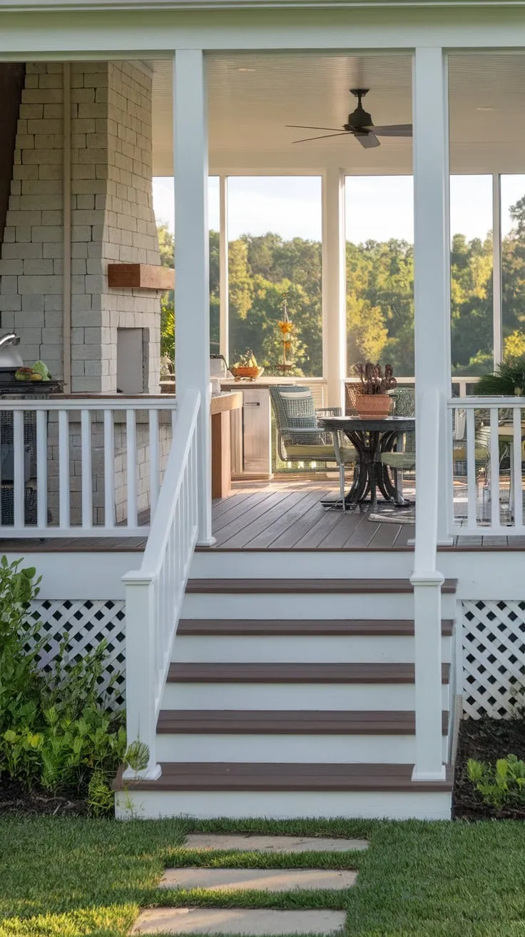 Cozy Porch Retreat Featuring Stairs and Lush Views