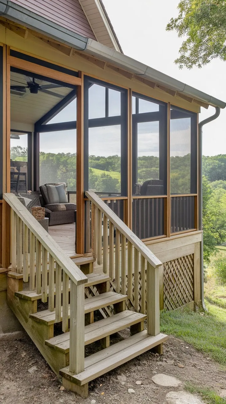Charming Screened Porch with Wooden Stairs and Scenic Views