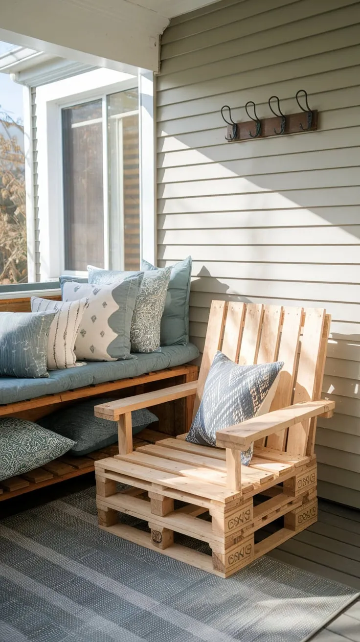 Charming Porch Storage with DIY Pallet Chair