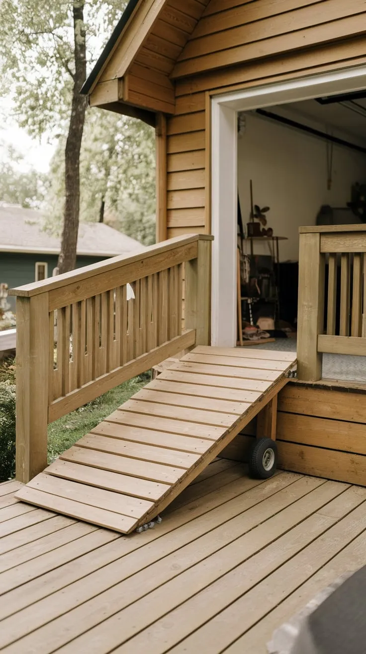 Wooden Porch Ramp Leading to Garage Entryway