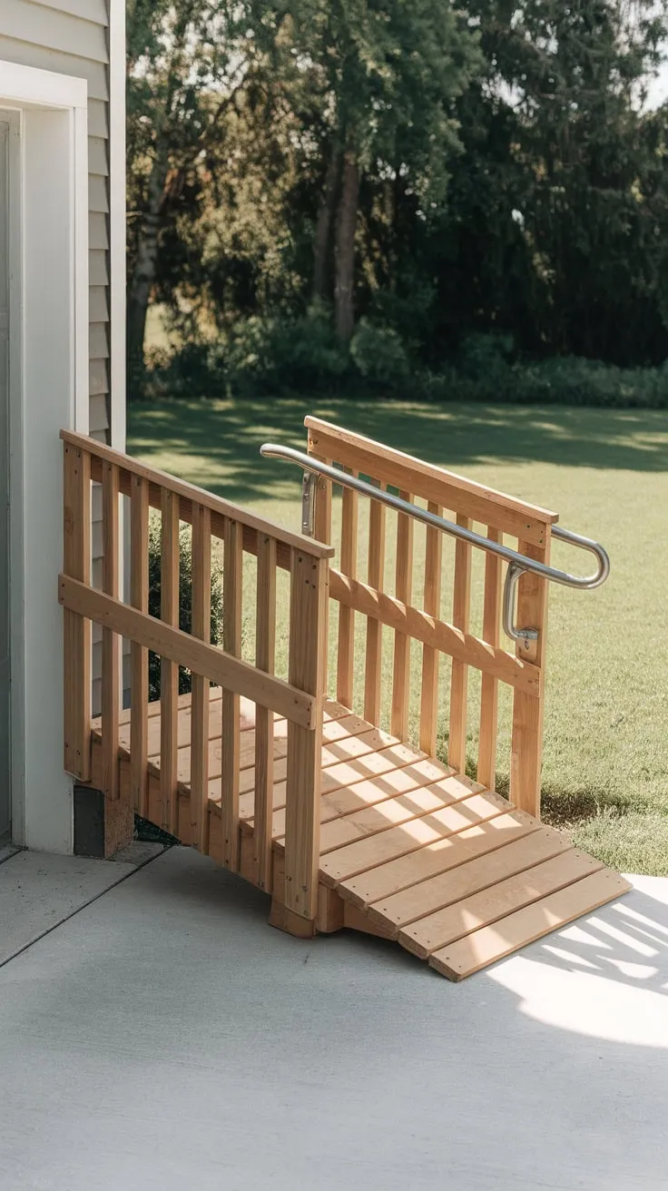 Accessible Porch Ramp with Handrail and Greenery