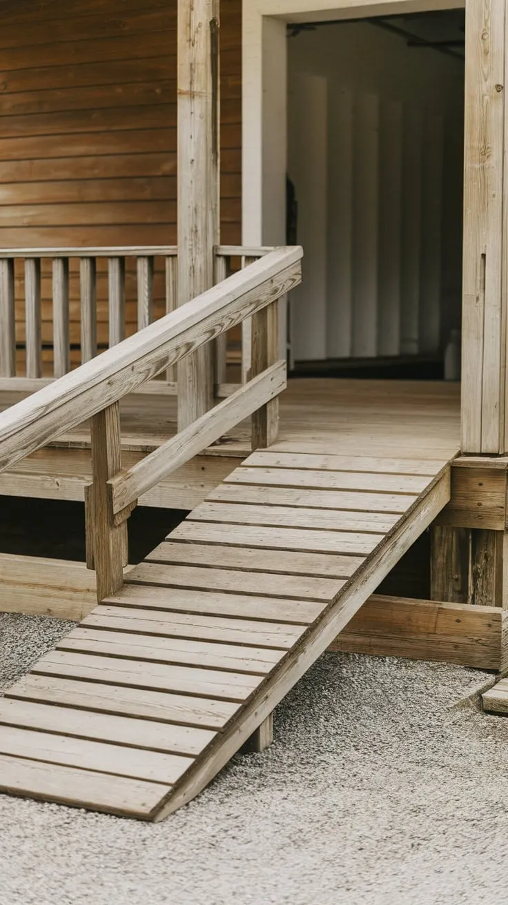 Wheelchair-Friendly Wooden Porch with a Rustic Ramp