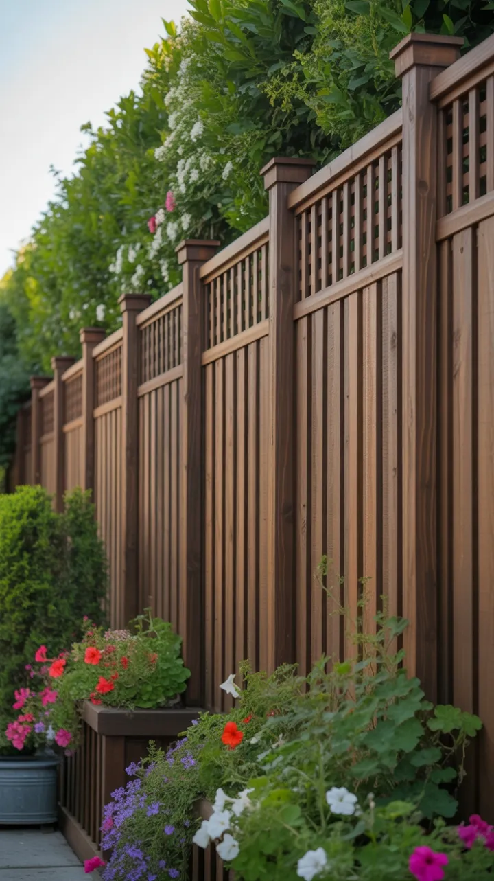 Sunlit Dark-Wood Privacy Fence Framed by Lush Hedges and Blooming Planters