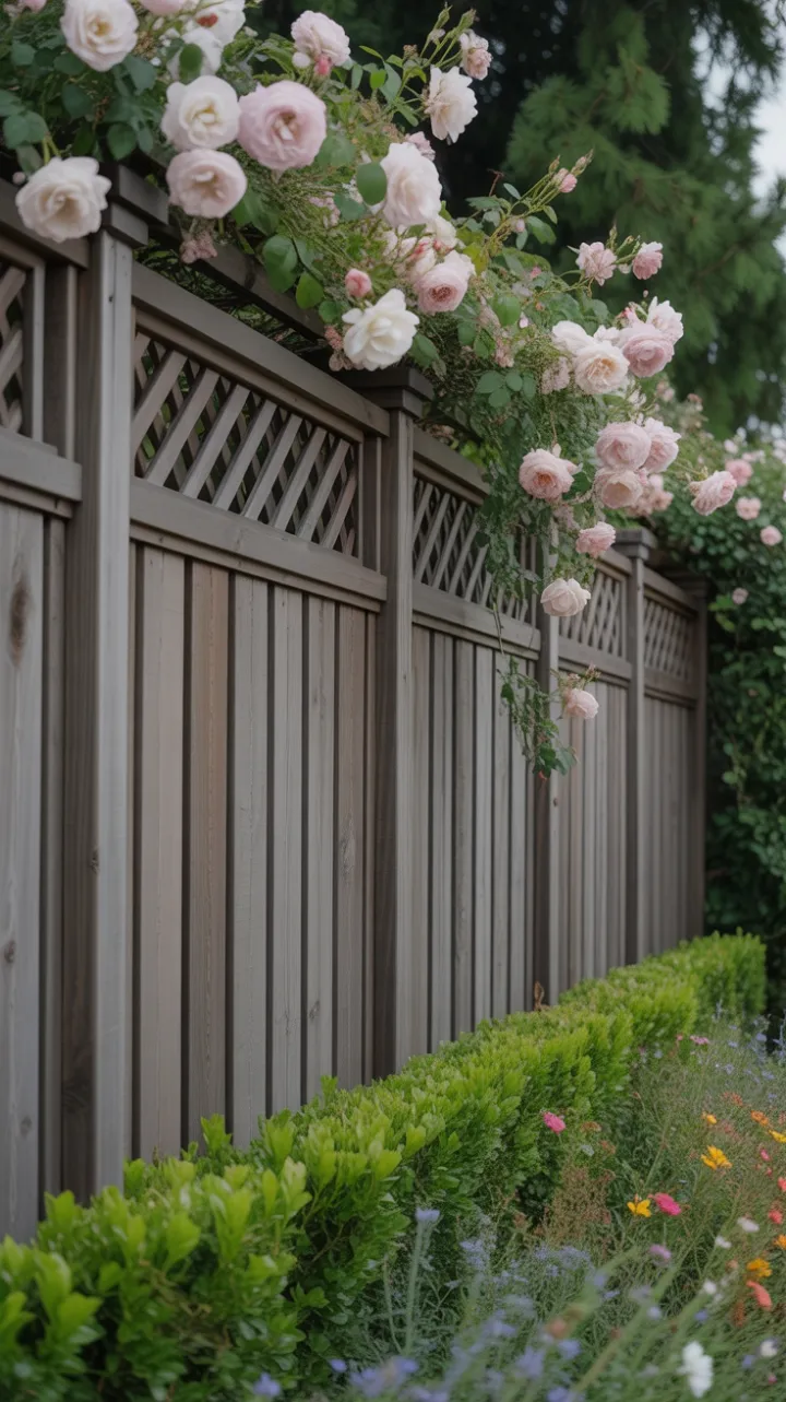 Blush Roses Cascading Over a Modern Privacy Fence