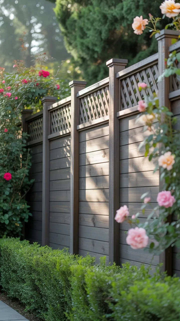 Enclosed in Bloom by a Modern Dark-Stained Privacy Fence